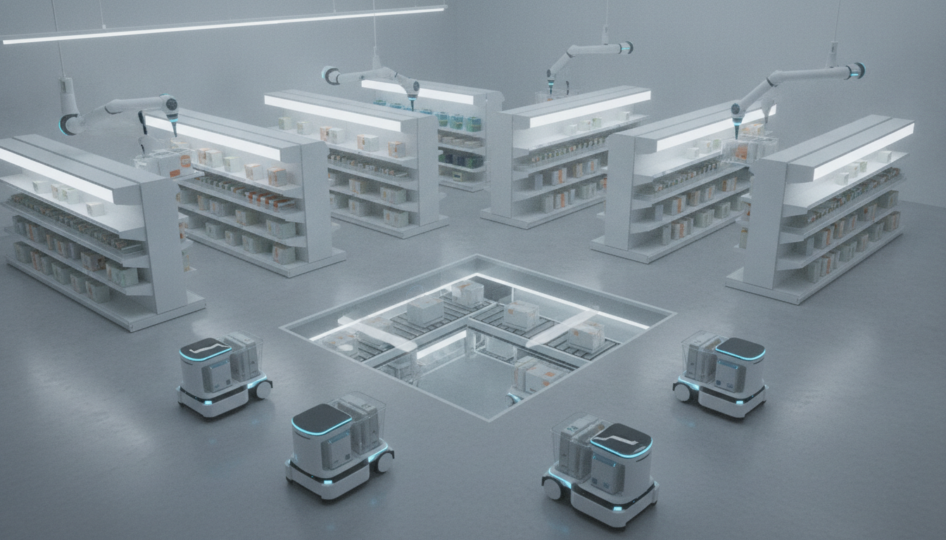 Automated robots efficiently managing inventory in a clean, modern Japanese convenience store, illustrating 'Physical x AI' solutions.