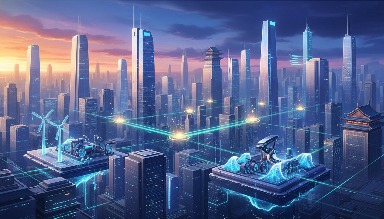 Futuristic cityscape with glowing connections representing investment in robotics and AI energy solutions.