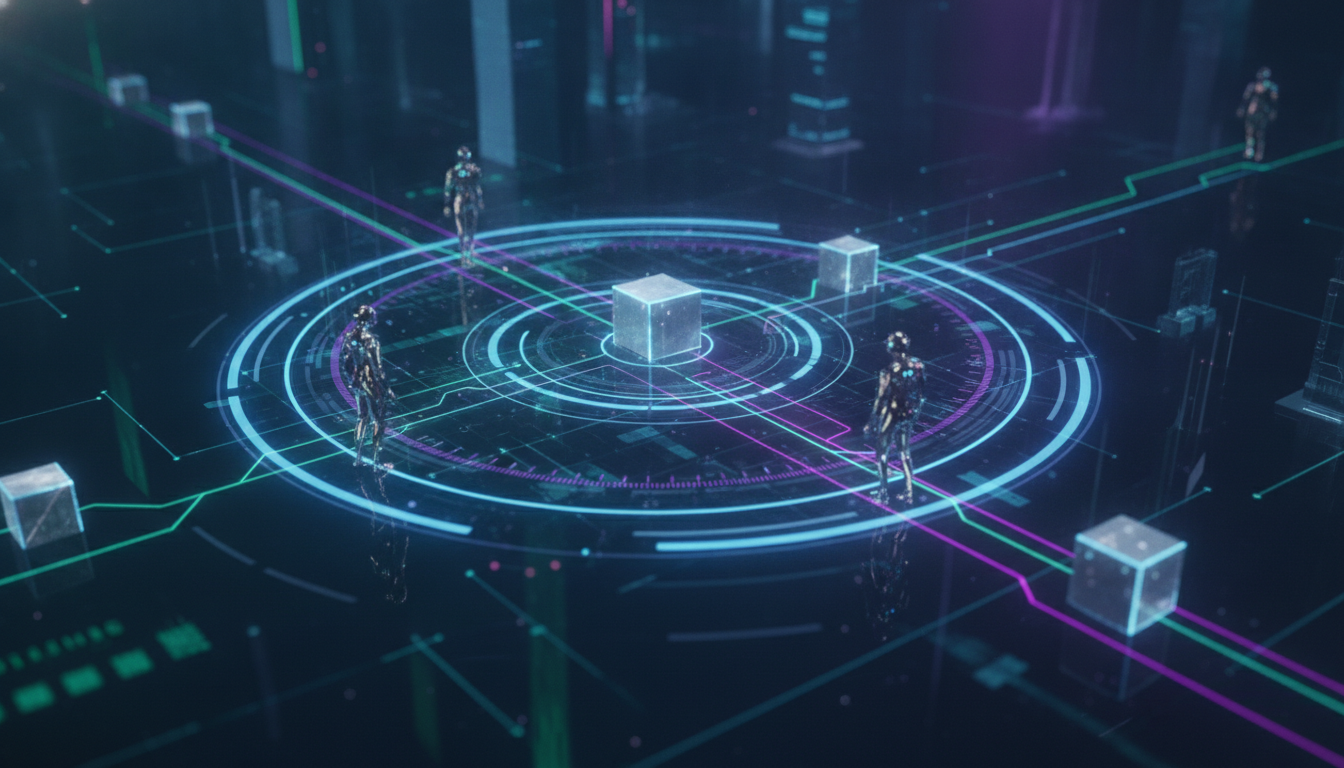 A visual depicting secure, autonomous AI systems seamlessly interacting and exchanging data within a complex network.