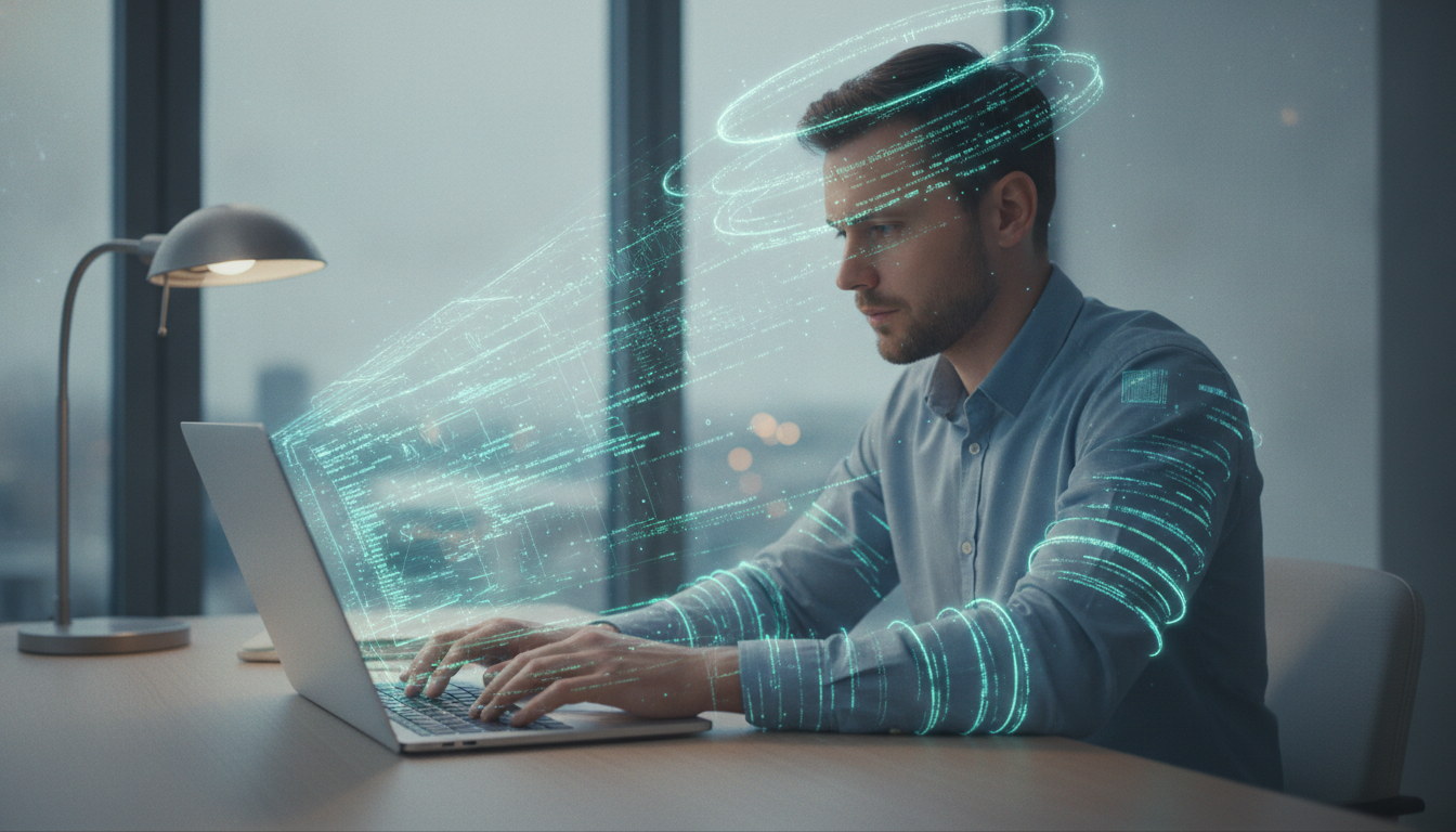 A developer at a desk, surrounded by abstract glowing lines of code and AI elements, symbolizing AI assistance in software development.