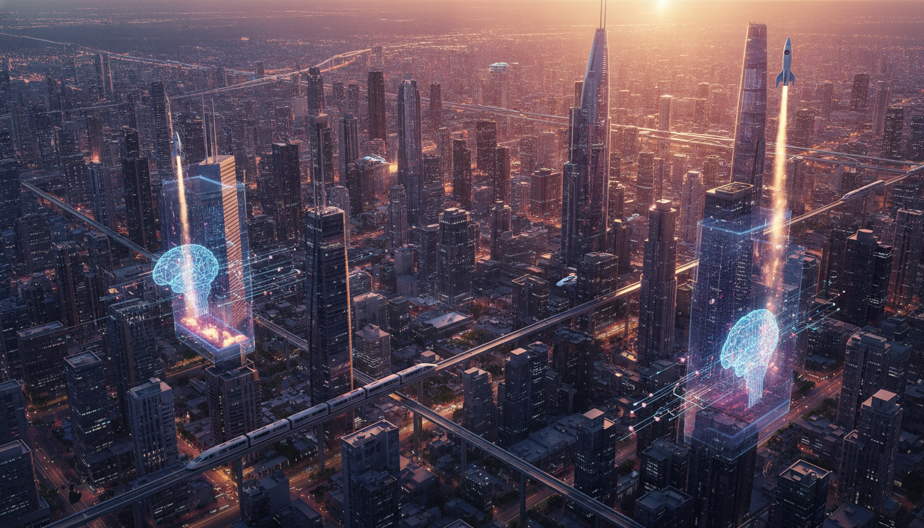 A futuristic Indian cityscape with holographic tech projections, symbolizing innovation and growth in the startup ecosystem.