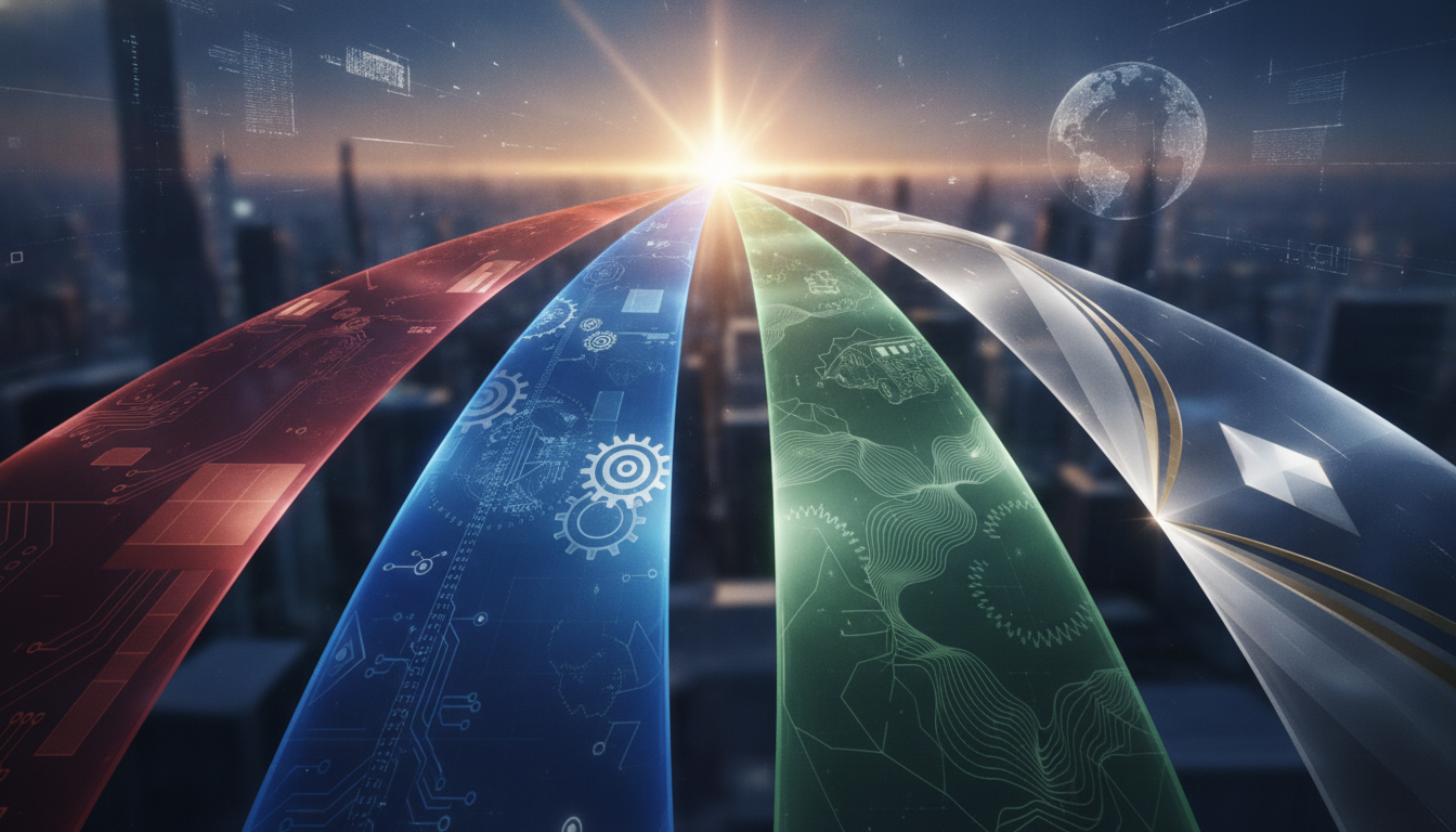Abstract representation of four distinct strategic growth paths converging, symbolizing future vision and competition in the EV market.