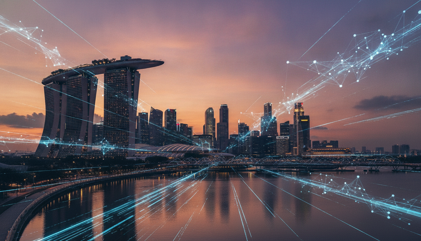 Singapore's futuristic skyline with digital elements, symbolizing its role as a leading tech and startup hub.