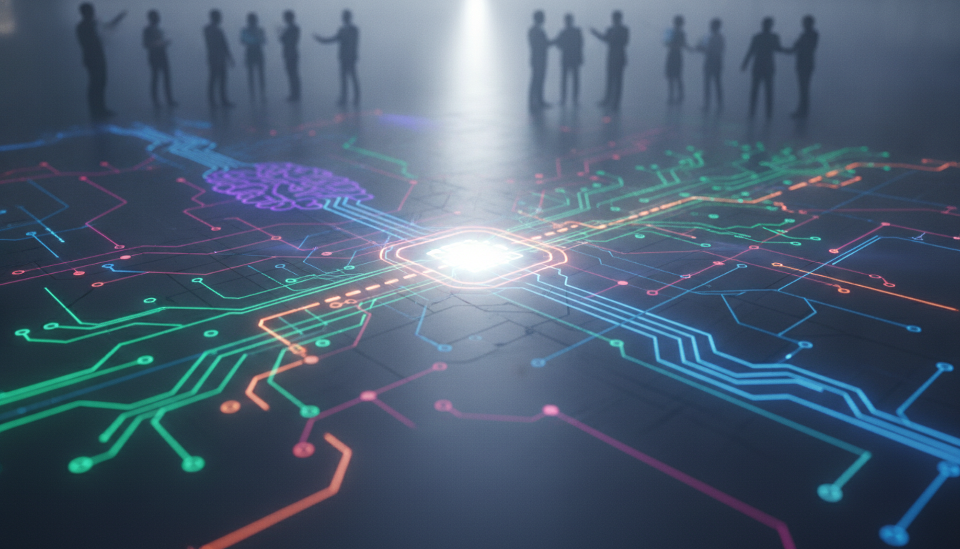 Interconnected glowing nodes representing AI, IoT, blockchain, and 5G, symbolizing global tech innovation and collaboration.