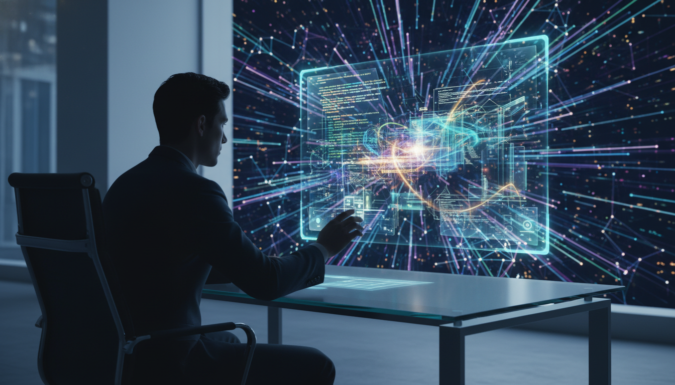 A single developer confidently interacting with holographic code, symbolizing the immense scale and complexity a solopreneur can achieve with AI assistance.