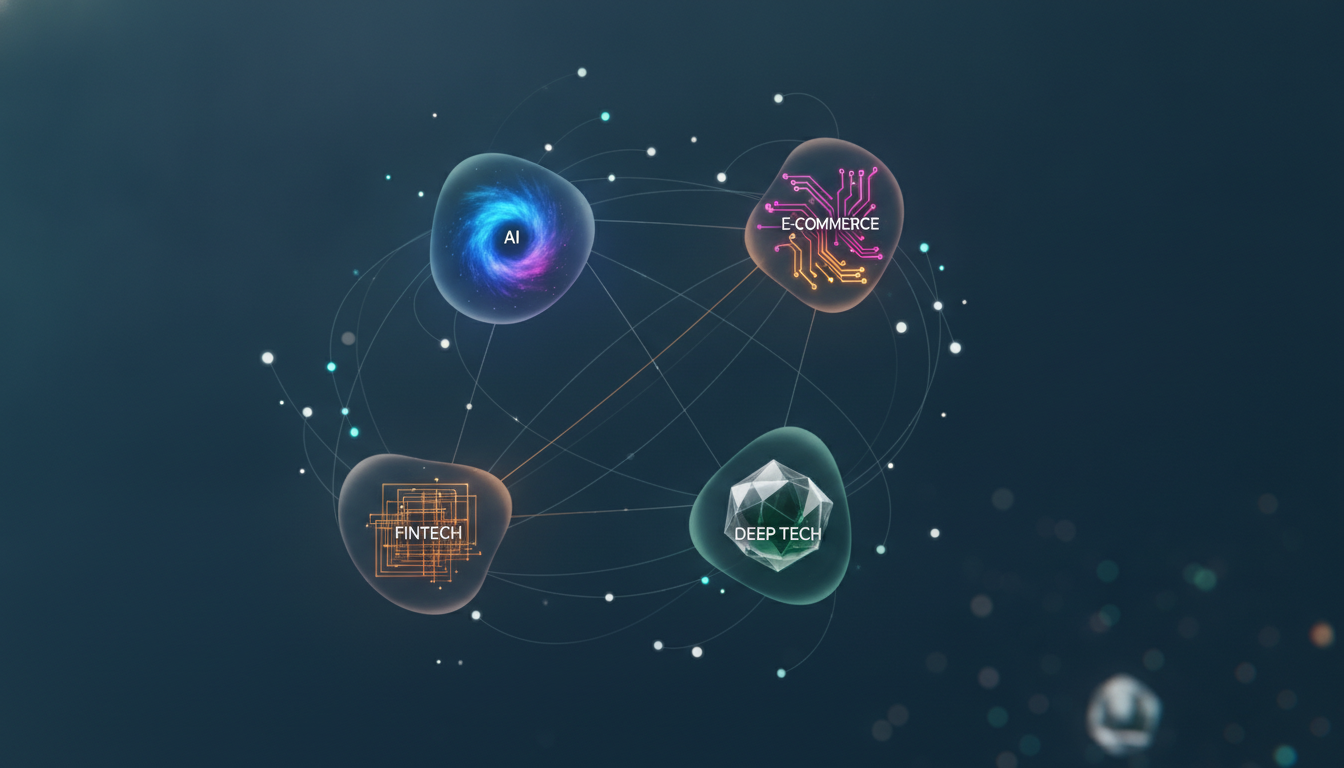 Abstract network illustrating diverse Australian tech innovation sectors and emerging companies.