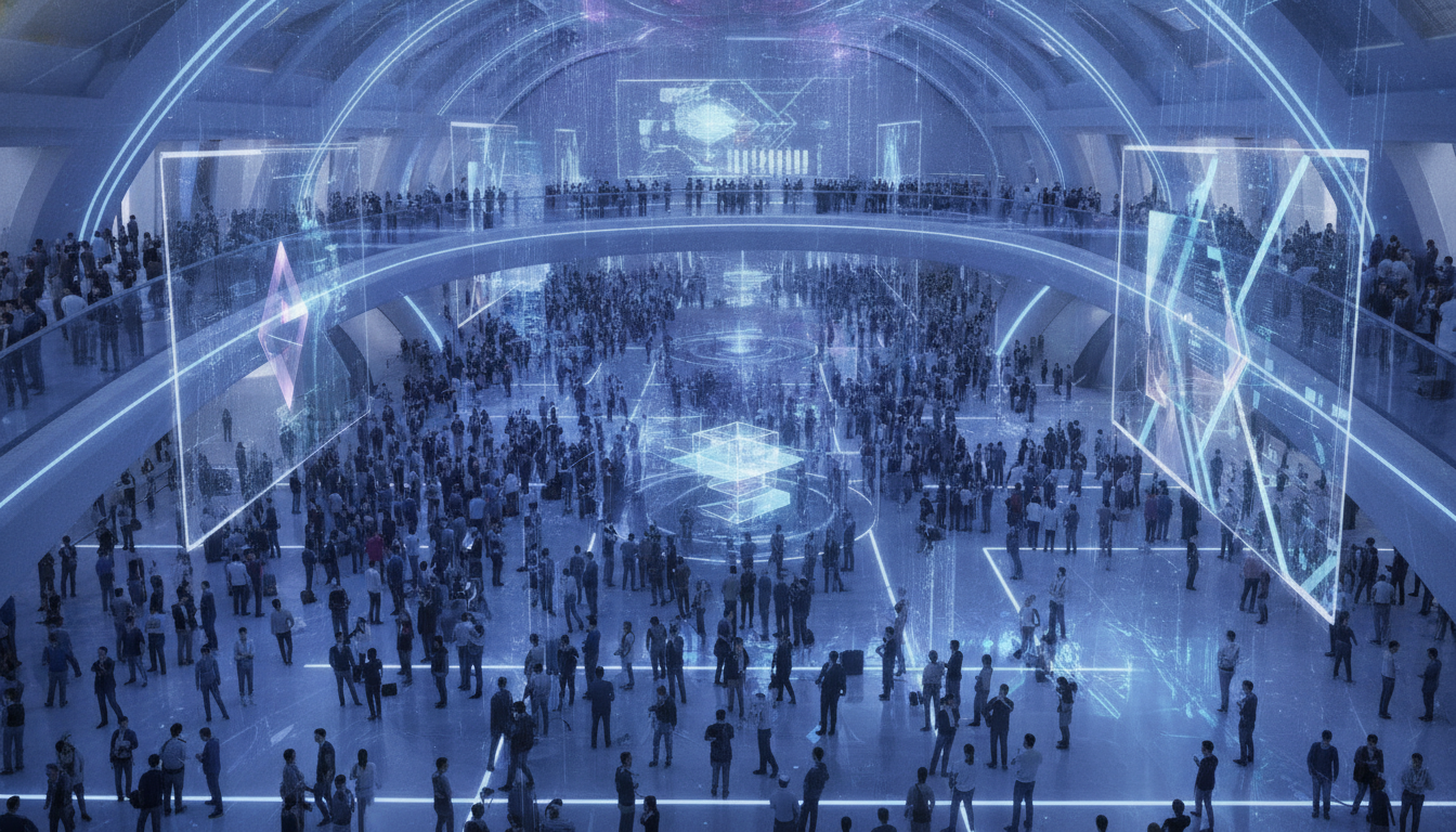 A large, modern convention hall bustling with activity, featuring abstract digital light trails symbolizing cloud and AI technology.