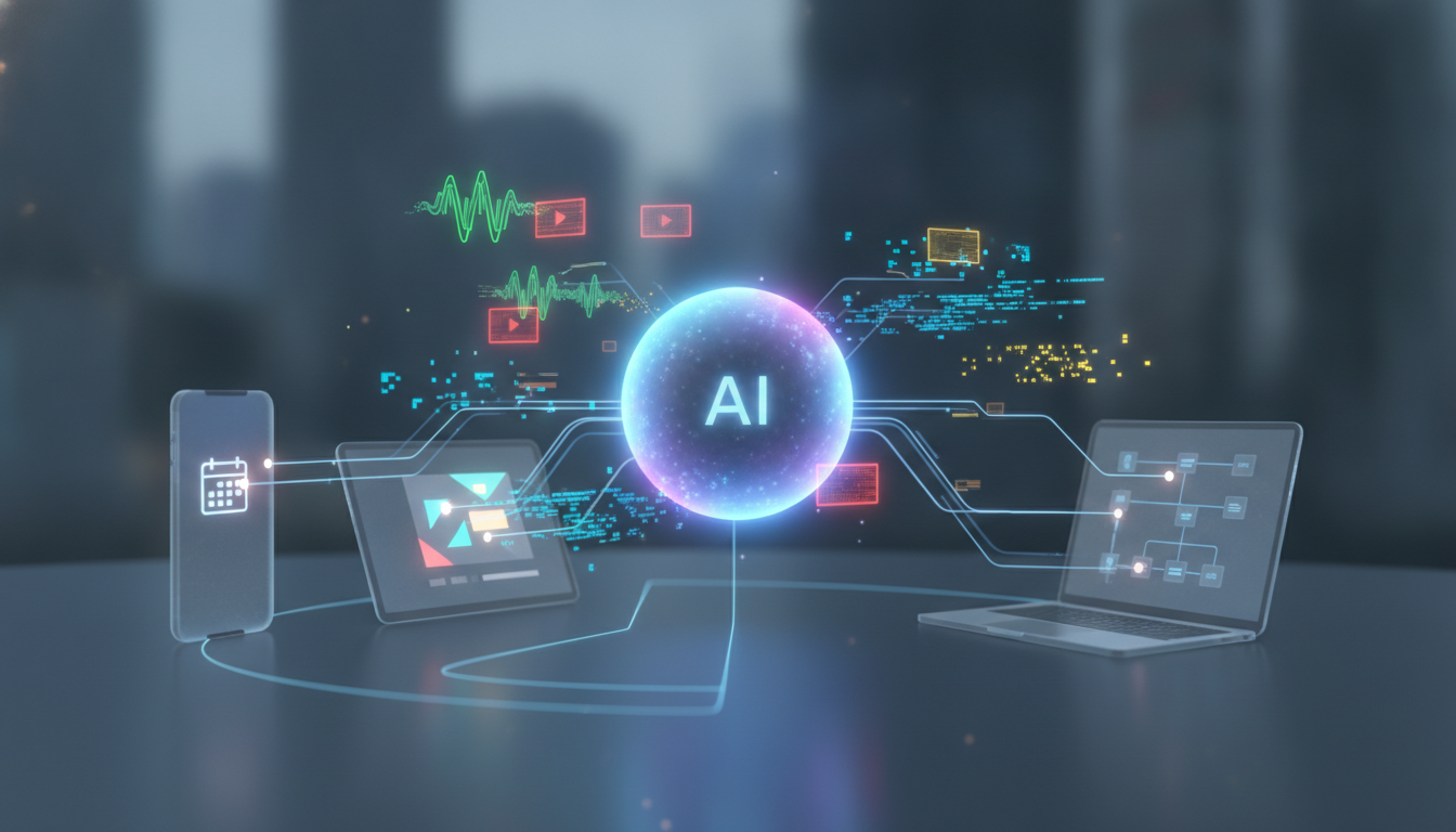Dynamic illustration of multi-modal AI automating tasks across different devices.