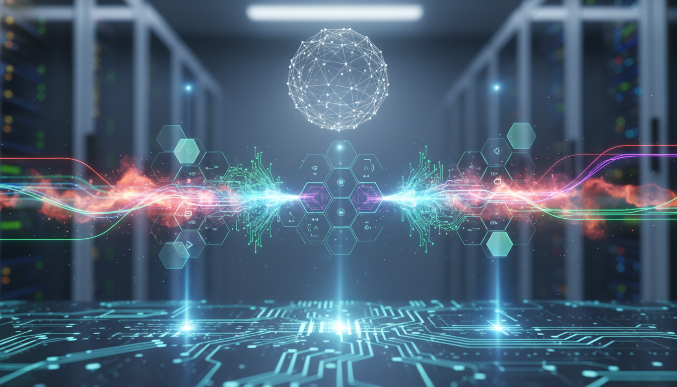 Conceptual image of integrated enterprise systems optimizing AI, data, and security workflows.
