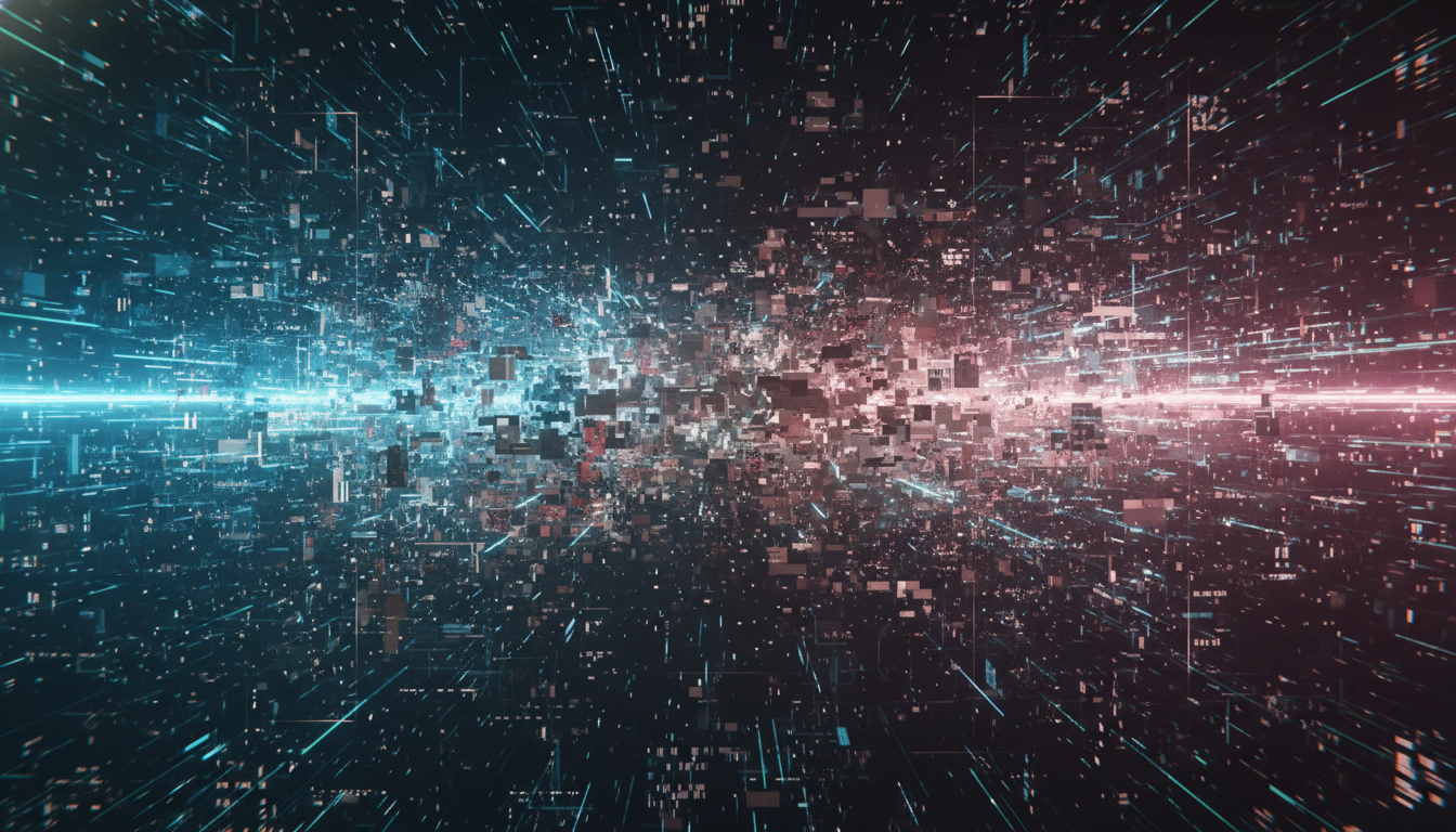 Abstract visualization of AI watermarks and detection algorithms combating distorted deepfake content in a digital landscape.