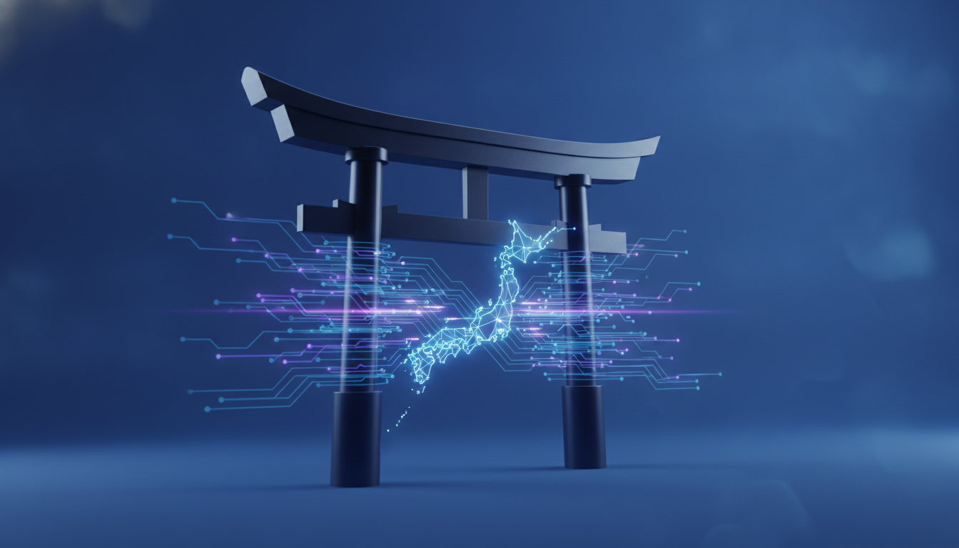 Abstract illustration of deep tech and AI integrating seamlessly with modern Japanese aesthetics, symbolizing utility-driven innovation.
