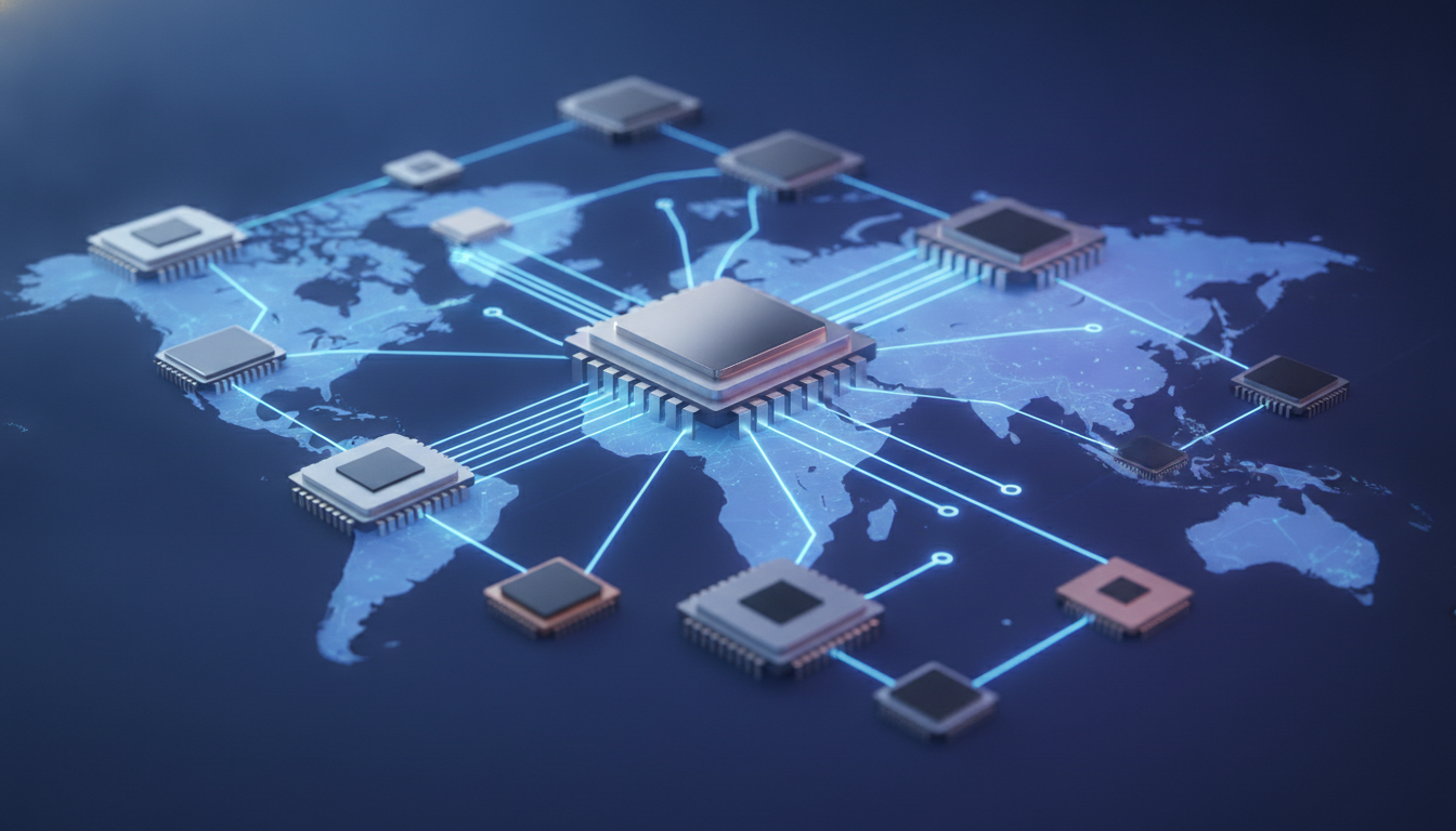 Stylized global map with interconnected semiconductor chips, symbolizing international innovation and market leadership.