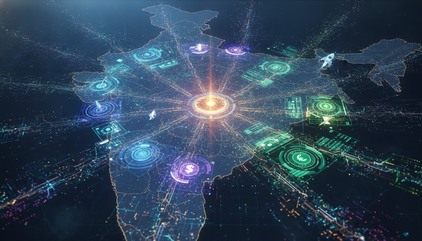 An abstract visualization of interconnected technology sectors like AI, space tech, and fintech, representing the diverse growth of Indian startups.