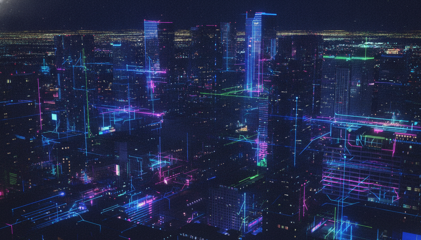 A digital art representation of a futuristic Las Vegas skyline with cybersecurity network overlays.