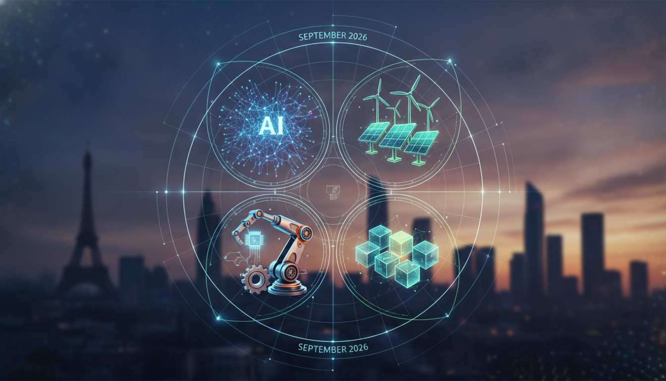 Visual representation of diverse technologies including AI, manufacturing, and renewable energy, spanning different global regions.