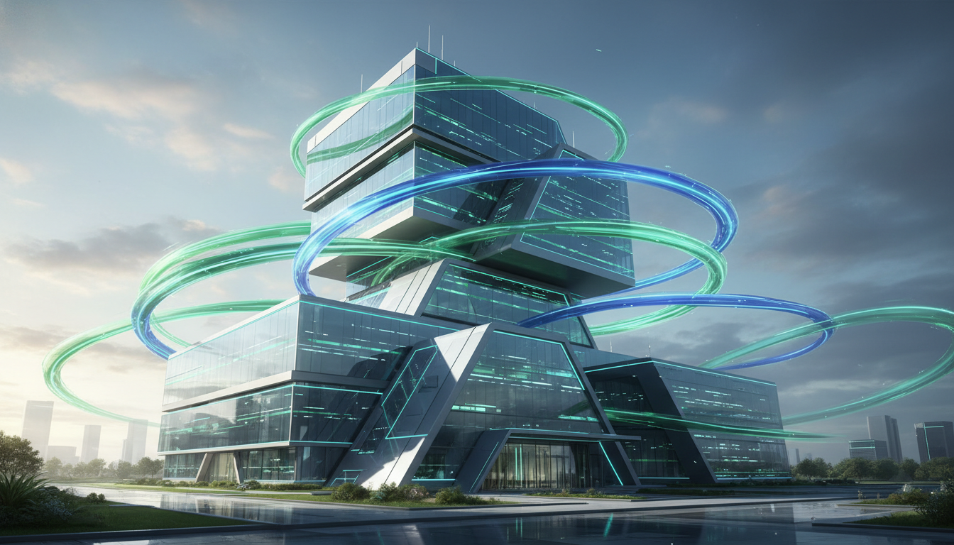Modern, futuristic building with abstract digital light patterns, symbolizing technology and innovation.