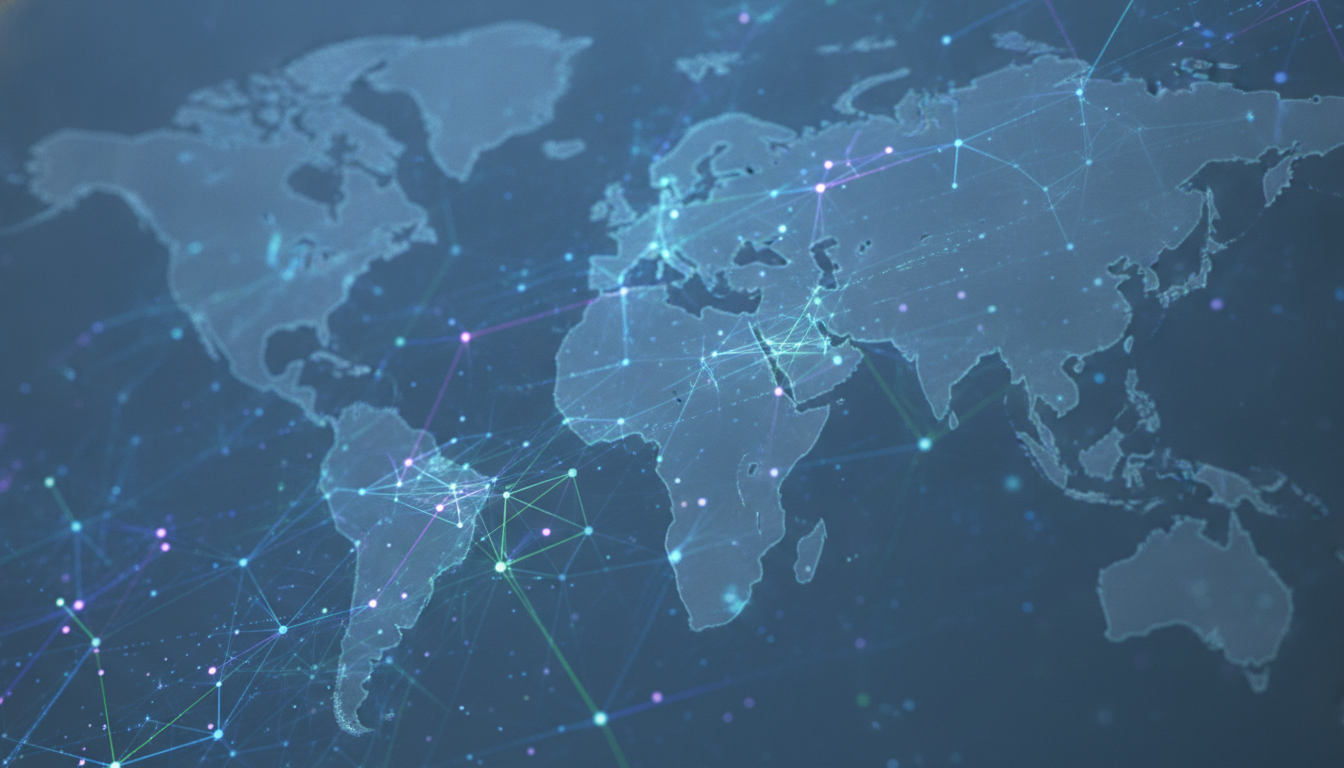 Abstract visualization of global data networks and digital innovation, with glowing lines connecting various data points across a subtle world map.