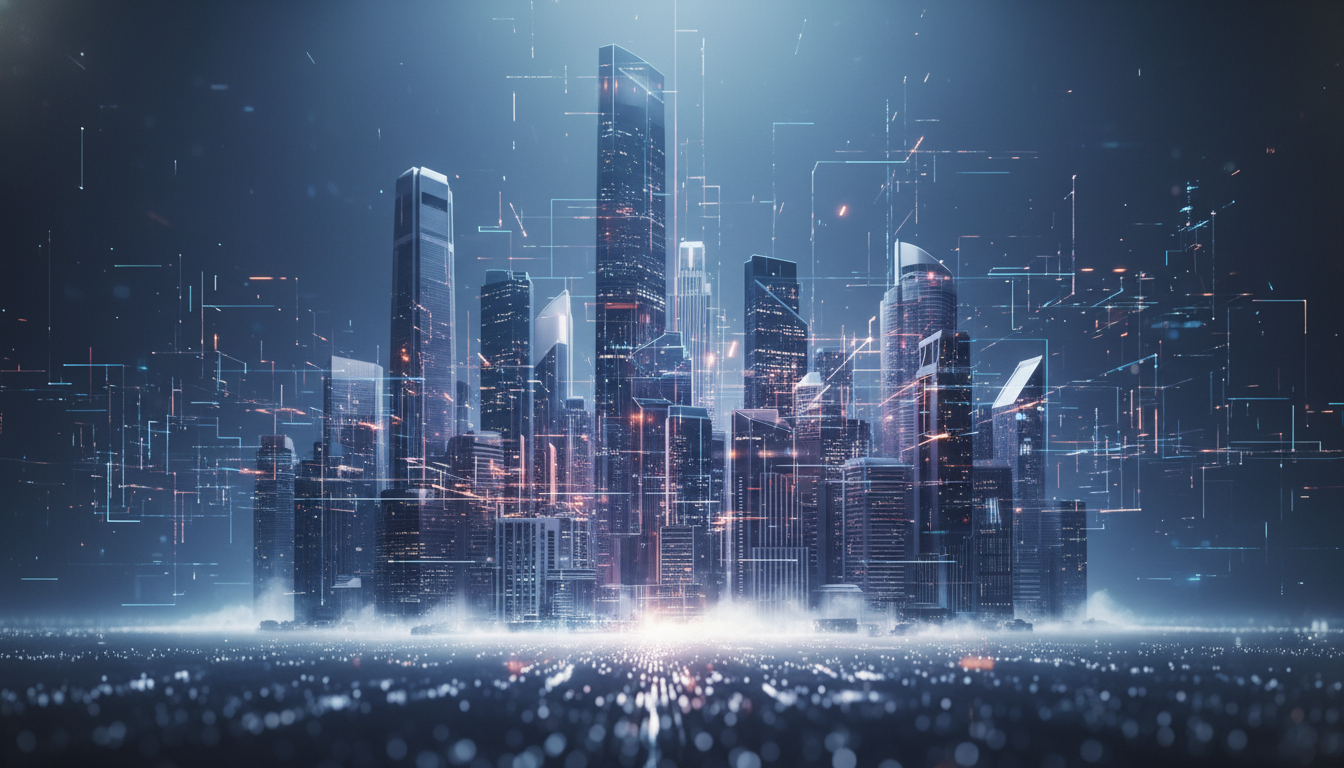 Abstract illustration of Amazon's global footprint, showing interconnected cityscapes and digital networks.