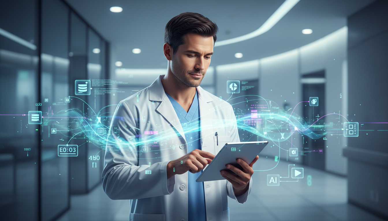 An abstract representation of seamless data integration and AI-powered workflow in a modern clinic, showing technology supporting a doctor's focus on patient care and efficiency.