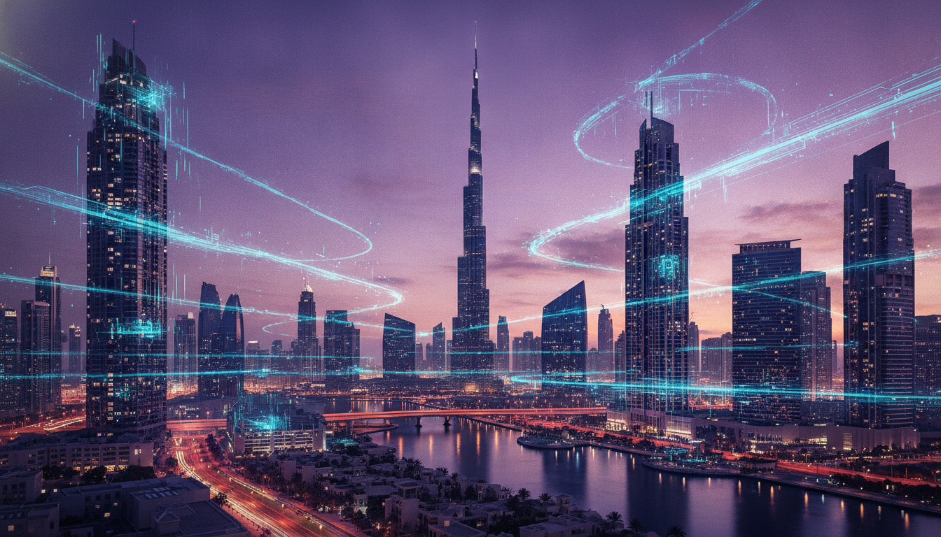 Futuristic Dubai skyline at dusk, with digital patterns representing global technology and AI.