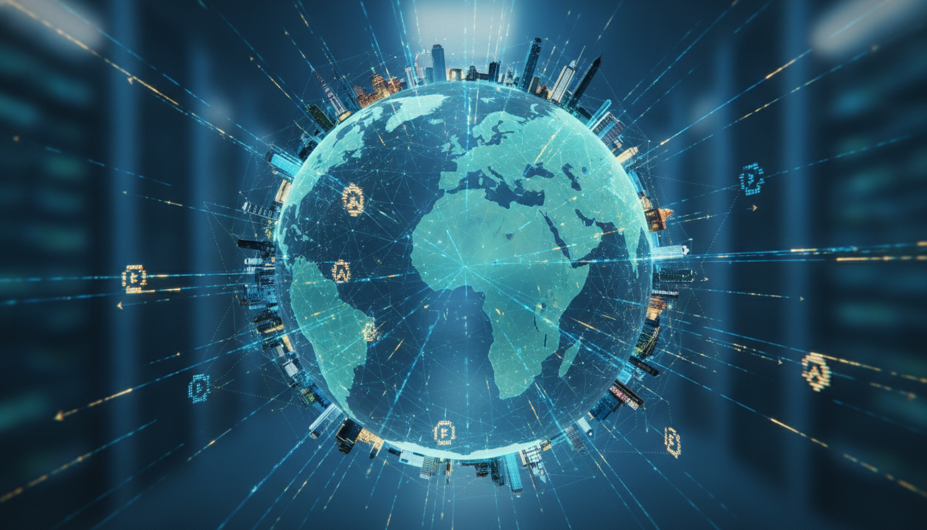 Abstract representation of global digital finance and interconnected payment networks.