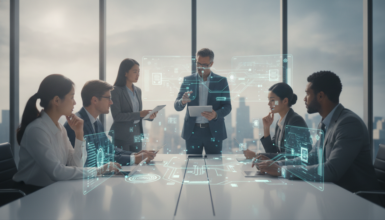 Diverse team collaborating in a modern office, enhanced by AI-driven enterprise SaaS and automated digital workflows.