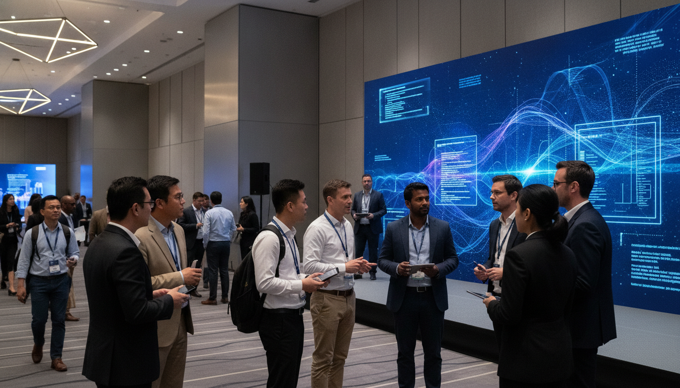 Diverse tech professionals networking and collaborating in a modern conference setting, representing various IT specializations.