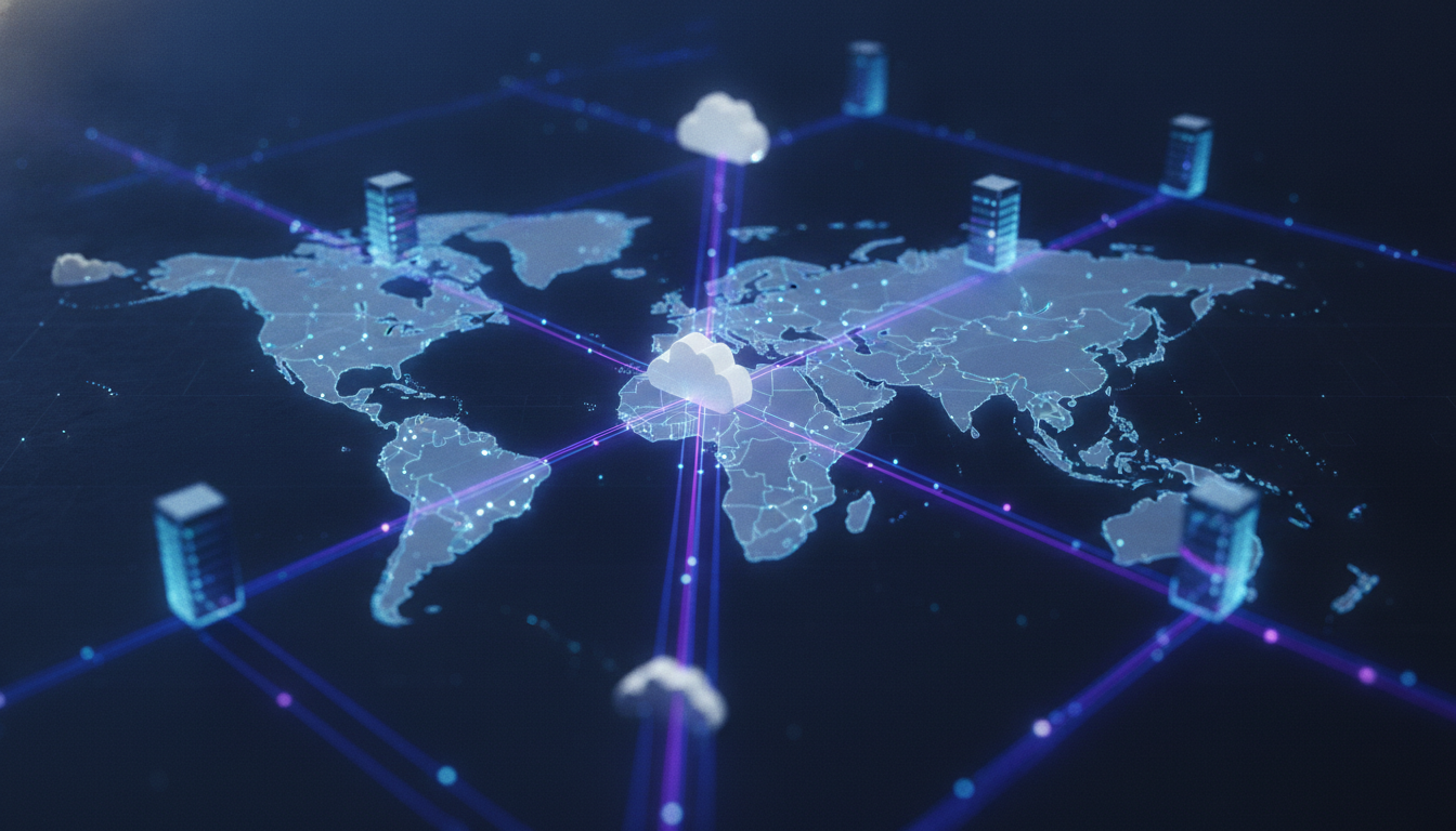 Abstract illustration of global cloud infrastructure with interconnected data centers.